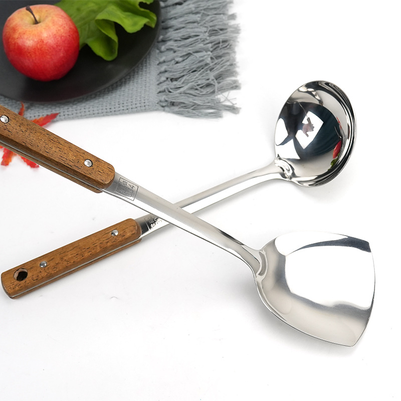 Set de ustensile de bucătărie din oțel inoxidabil 304, mâner din lemn: spatulă, lingură, strecurător, lingură de supă și lingură de servire a orezului