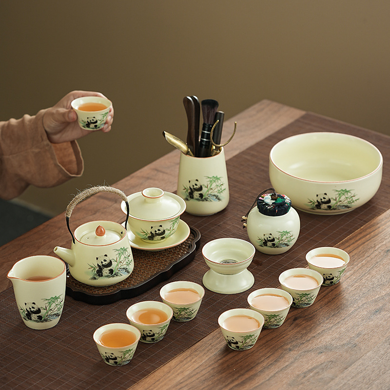 Set de ceai Ru Kiln Panda în stil național, pentru casă și birou, set Gongfu de ceai, cadou premium cu logo personalizat