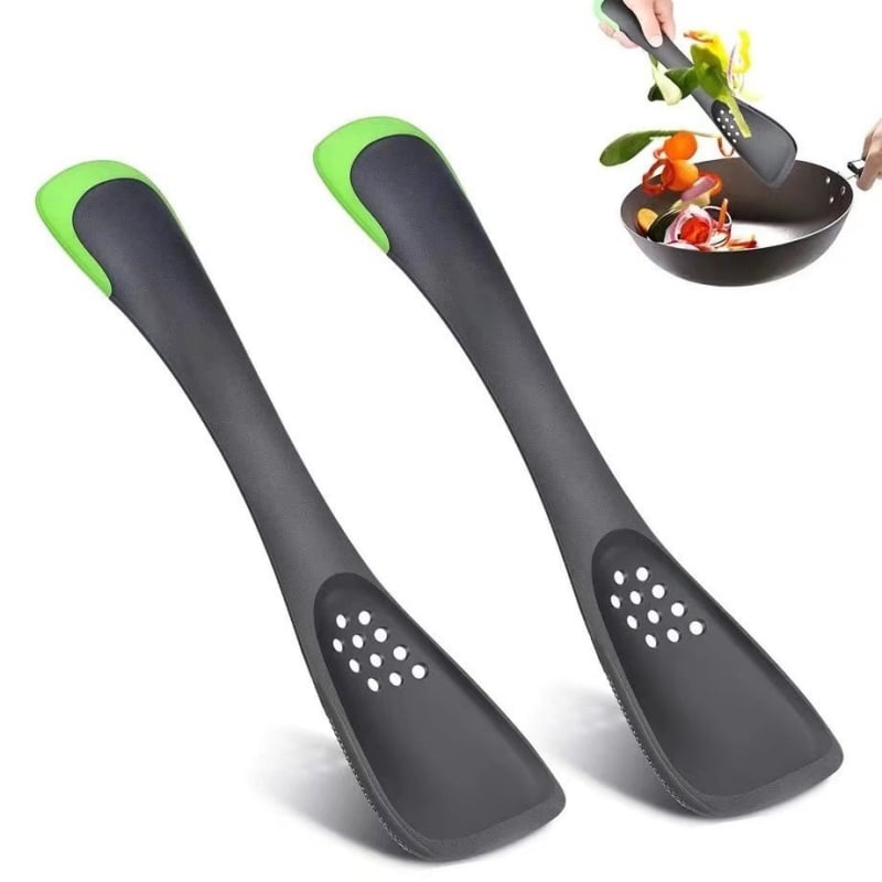 Un instrument de bucătărie cinci în unu: strecurător, lingură cu găuri, spatulă, lingură și tăietor – în două culori