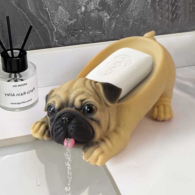 Suport de săpun în formă de pug, pentru uz casnic, drenaj pentru săpun, nu reține apa, potrivit pentru chiuveta din baie, super drăguț