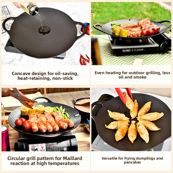 Tigaie grill din fontă pentru gătit în aer liber, platou Teppanyaki rotund, grill antiaderent pentru uz casnic, compatibil cu plite cu inducție și aragaz