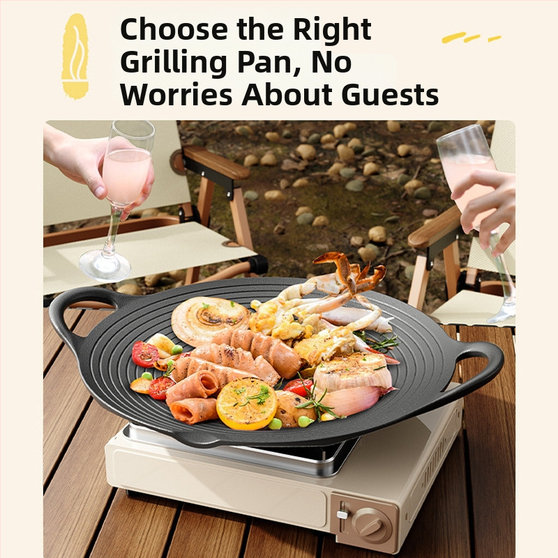 Tigaie grill din fontă pentru gătit în aer liber, platou Teppanyaki rotund, grill antiaderent pentru uz casnic, compatibil cu plite cu inducție și aragaz