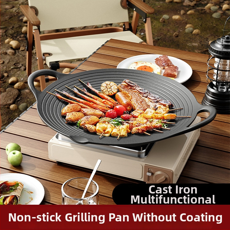Tigaie grill din fontă pentru gătit în aer liber, platou Teppanyaki rotund, grill antiaderent pentru uz casnic, compatibil cu plite cu inducție și aragaz
