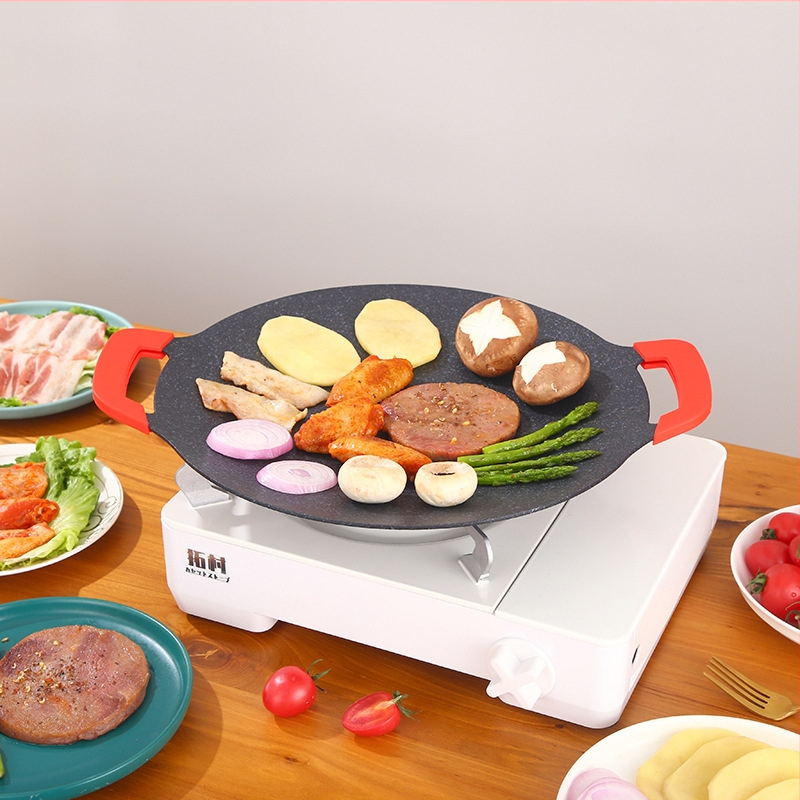 Tigaie grill din aliaj de aluminiu pentru plită cu inducție, tigaie BBQ coreeană, tigaie teppanyaki portabilă pentru camping