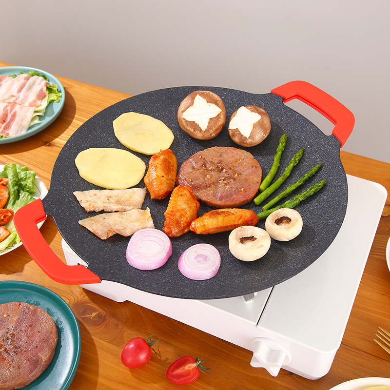 Tigaie grill din aliaj de aluminiu pentru plită cu inducție, tigaie BBQ coreeană, tigaie teppanyaki portabilă pentru camping