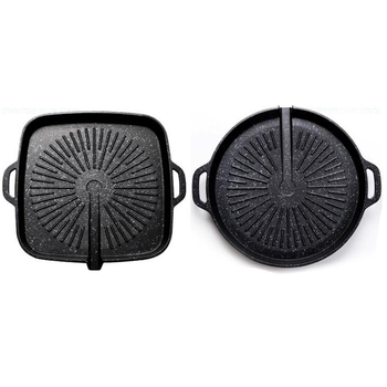 Tigaie grill neagră în stil coreean, cu piatră Maifan, antiaderentă, din aluminiu turnat, rotundă, pentru plite cu inducție și gaz