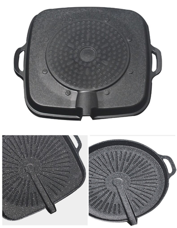 Tigaie grill neagră în stil coreean, cu piatră Maifan, antiaderentă, din aluminiu turnat, rotundă, pentru plite cu inducție și gaz