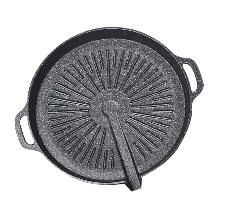 Tigaie grill neagră în stil coreean, cu piatră Maifan, antiaderentă, din aluminiu turnat, rotundă, pentru plite cu inducție și gaz