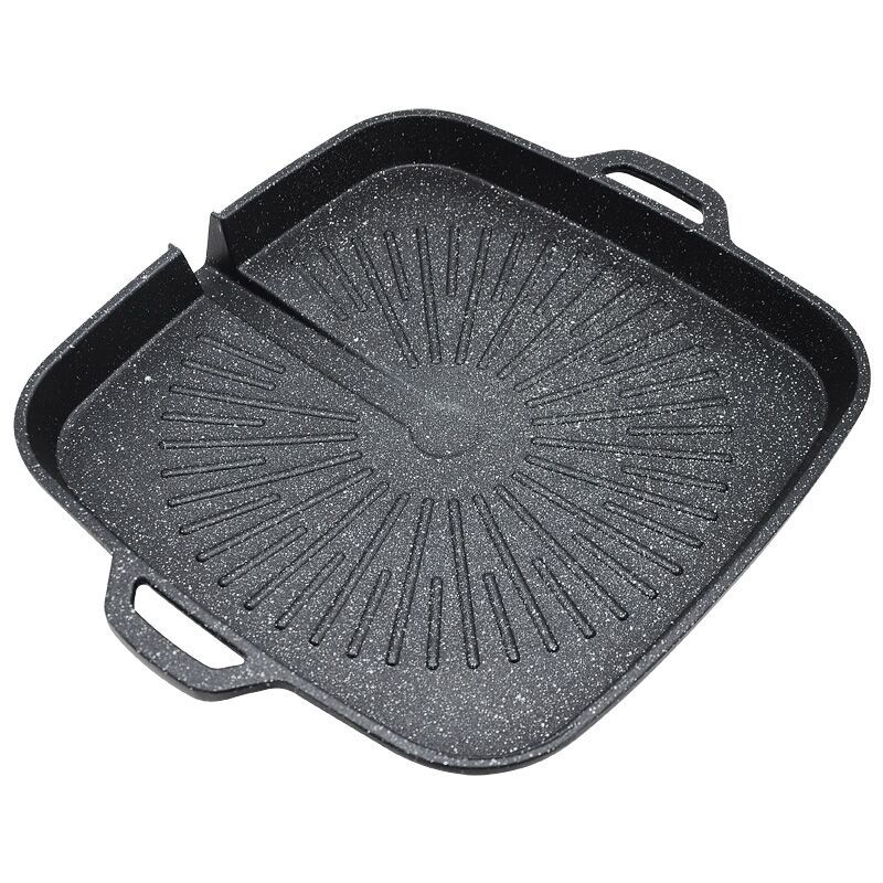 Tigaie grill neagră în stil coreean, cu piatră Maifan, antiaderentă, din aluminiu turnat, rotundă, pentru plite cu inducție și gaz