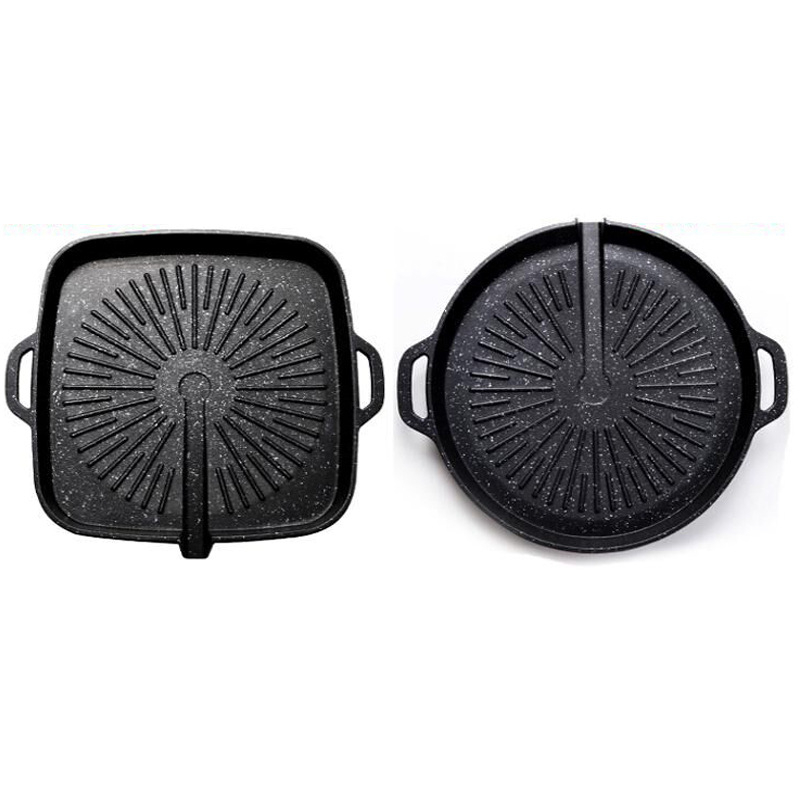 Tigaie grill neagră în stil coreean, cu piatră Maifan, antiaderentă, din aluminiu turnat, rotundă, pentru plite cu inducție și gaz
