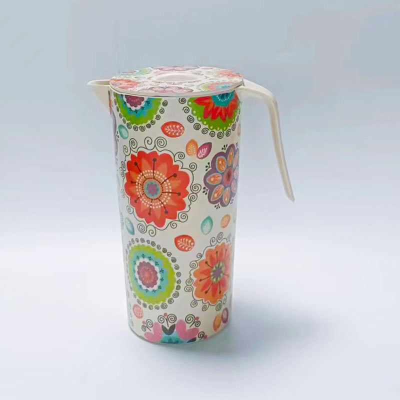Sticlă de apă din fibră de bambus cu capac, recipient rotund pentru apă rece cu model colorat