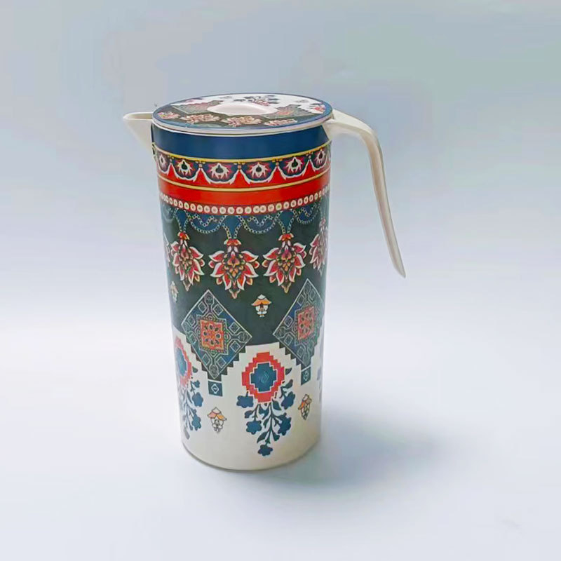 Sticlă de apă din fibră de bambus cu capac, recipient rotund pentru apă rece cu model colorat