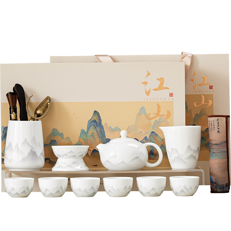 Jiangshan ajándékdoboz: testreszabható teáskészlet Dehua fehér porcelánból tinta táj motívummal, Kung Fu tea set üzleti vásárláshoz