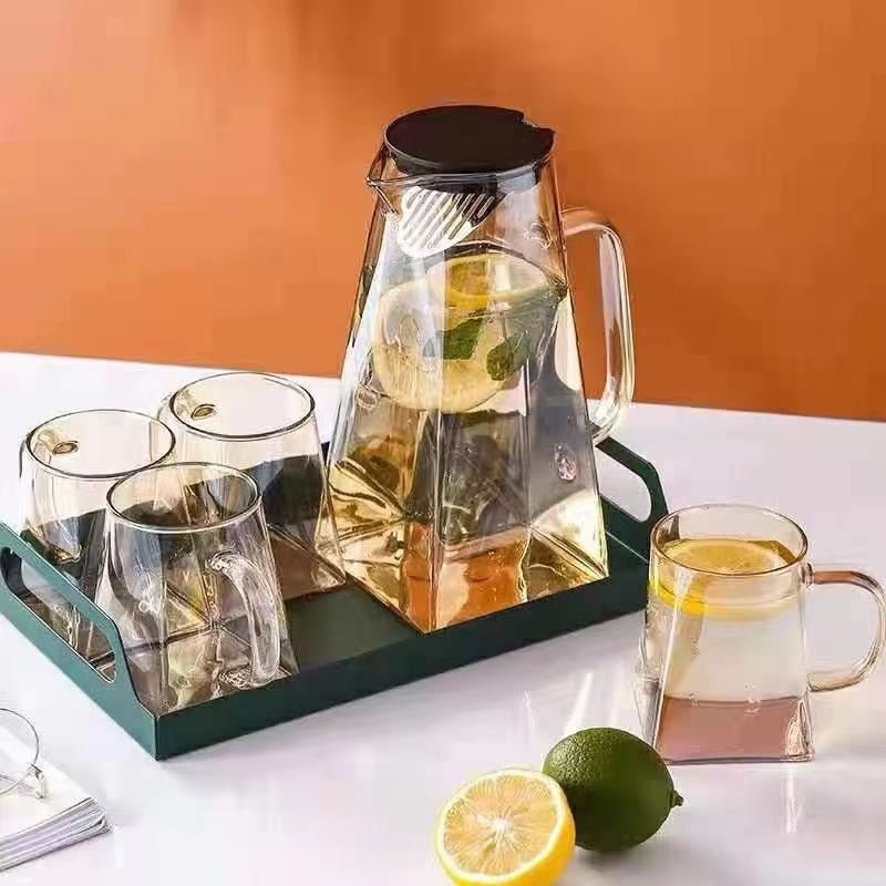 Set mare din sticlă borosilicată pentru apă rece: ceainic rezistent la căldură și pahar de apă