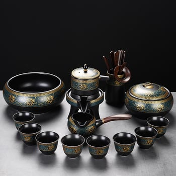 Set automat de ceai cu ceainic și cești Kung Fu – ceramică neagră mata, pentru birou