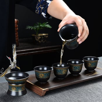 Set automat de ceai cu ceainic și cești Kung Fu – ceramică neagră mata, pentru birou