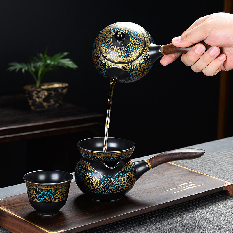Set automat de ceai cu ceainic și cești Kung Fu – ceramică neagră mata, pentru birou
