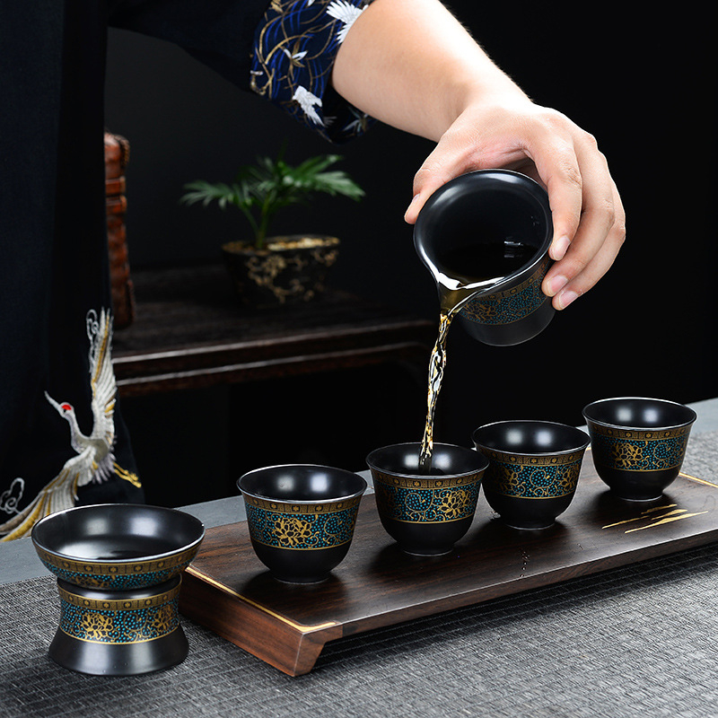 Set automat de ceai cu ceainic și cești Kung Fu – ceramică neagră mata, pentru birou