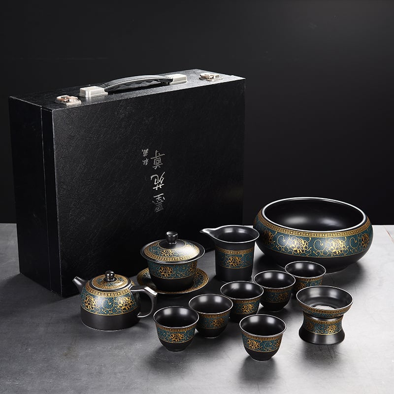 Set automat de ceai cu ceainic și cești Kung Fu – ceramică neagră mata, pentru birou