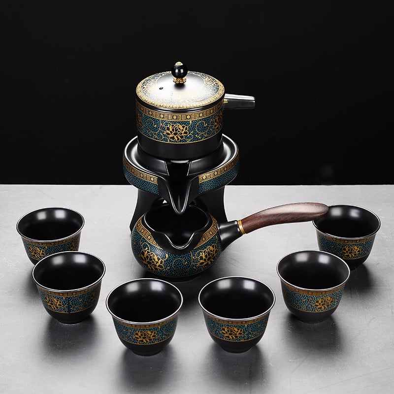 Set automat de ceai cu ceainic și cești Kung Fu – ceramică neagră mata, pentru birou