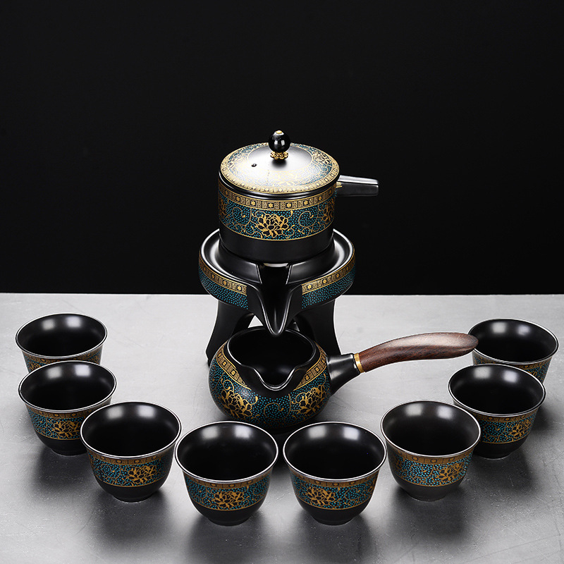 Set automat de ceai cu ceainic și cești Kung Fu – ceramică neagră mata, pentru birou