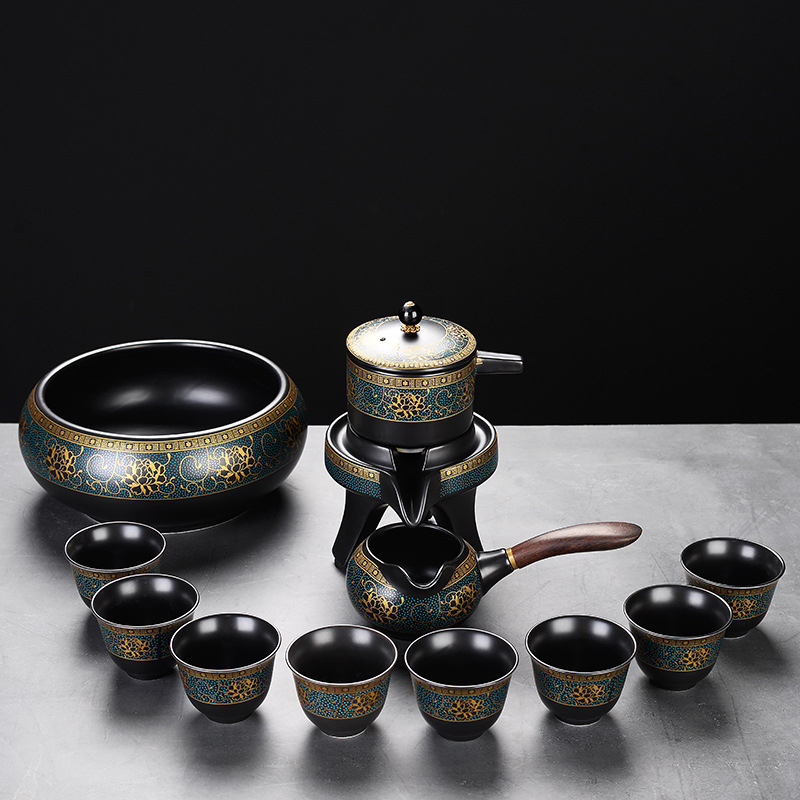 Set automat de ceai cu ceainic și cești Kung Fu – ceramică neagră mata, pentru birou