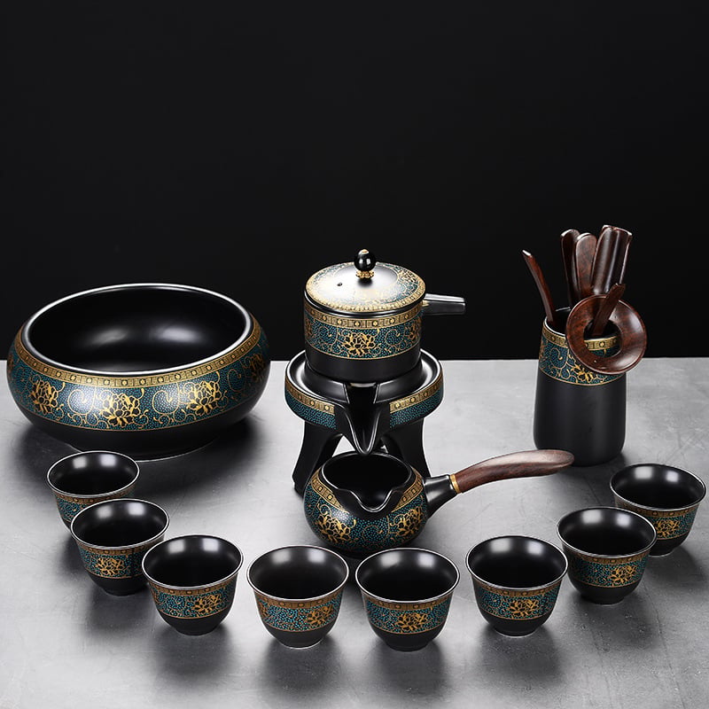 Set automat de ceai cu ceainic și cești Kung Fu – ceramică neagră mata, pentru birou