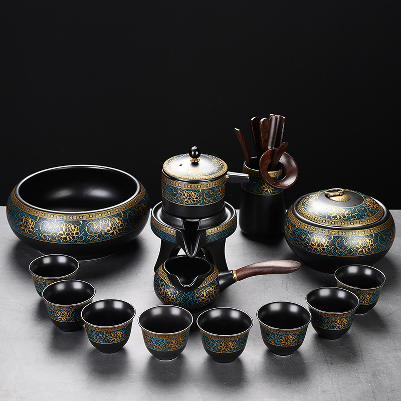 Set automat de ceai cu ceainic și cești Kung Fu – ceramică neagră mata, pentru birou