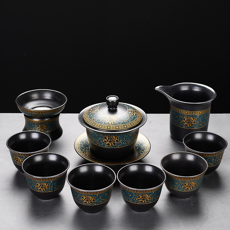 Set automat de ceai cu ceainic și cești Kung Fu – ceramică neagră mata, pentru birou