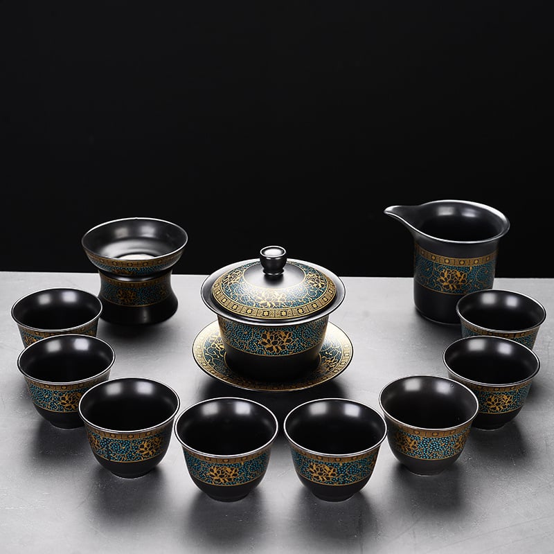 Set automat de ceai cu ceainic și cești Kung Fu – ceramică neagră mata, pentru birou