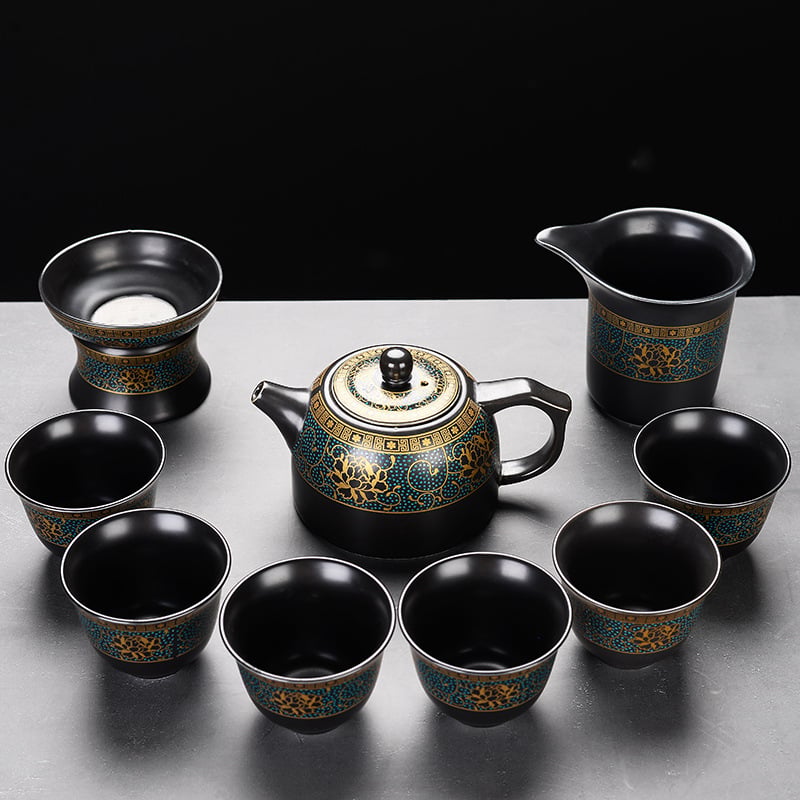 Set automat de ceai cu ceainic și cești Kung Fu – ceramică neagră mata, pentru birou