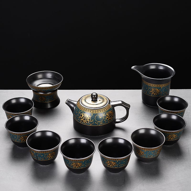Set automat de ceai cu ceainic și cești Kung Fu – ceramică neagră mata, pentru birou