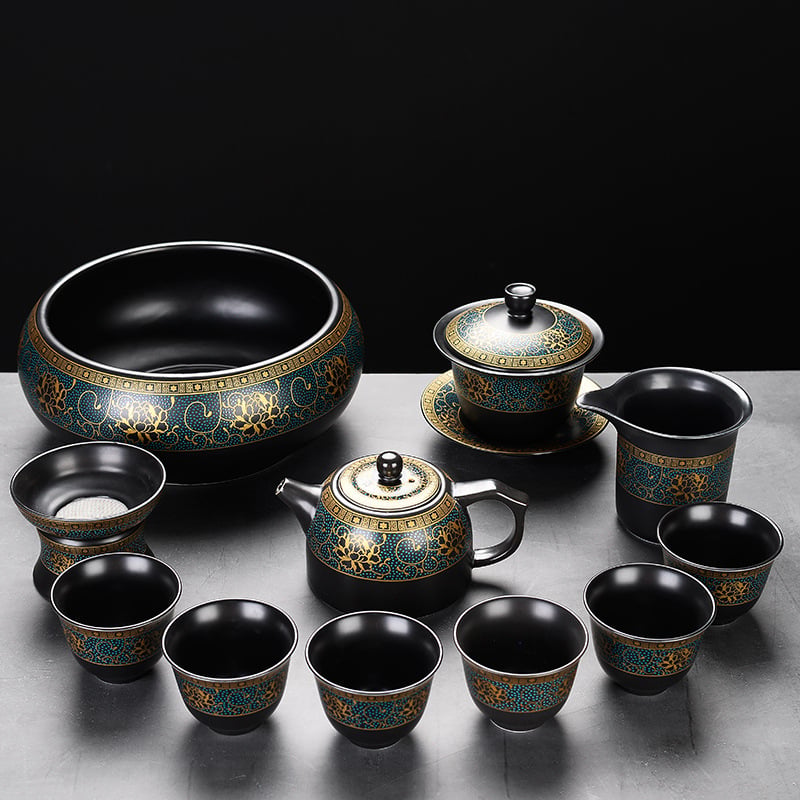 Set automat de ceai cu ceainic și cești Kung Fu – ceramică neagră mata, pentru birou