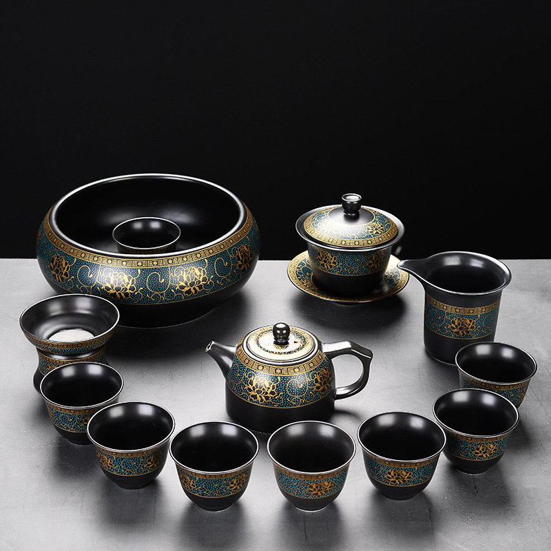 Set automat de ceai cu ceainic și cești Kung Fu – ceramică neagră mata, pentru birou