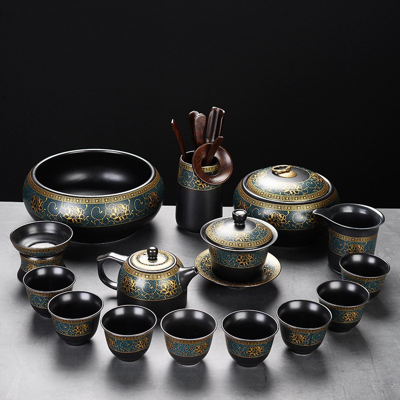 Set automat de ceai cu ceainic și cești Kung Fu – ceramică neagră mata, pentru birou