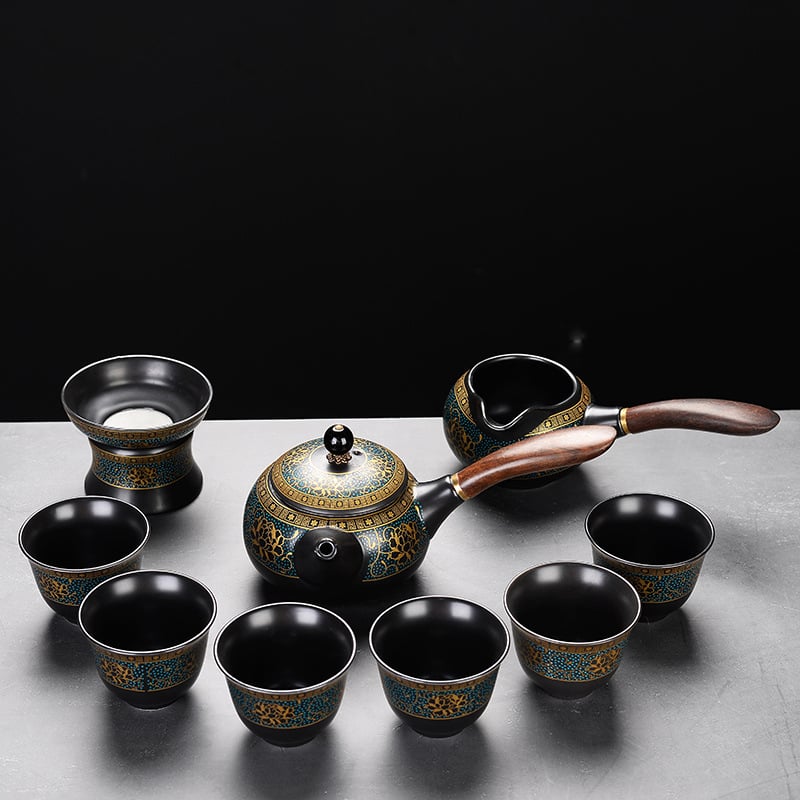 Set automat de ceai cu ceainic și cești Kung Fu – ceramică neagră mata, pentru birou