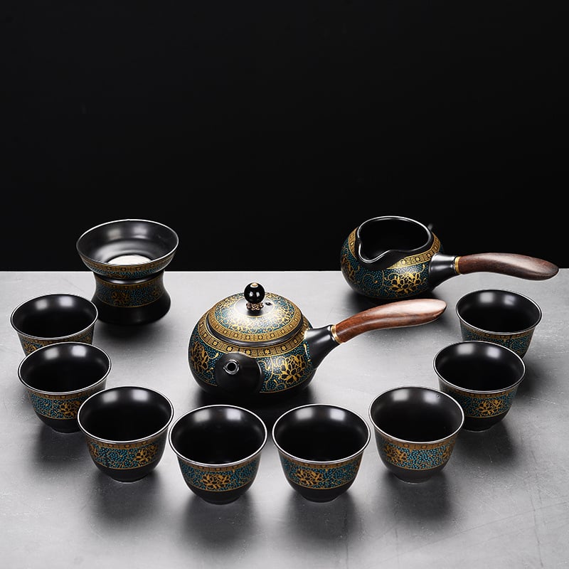 Set automat de ceai cu ceainic și cești Kung Fu – ceramică neagră mata, pentru birou