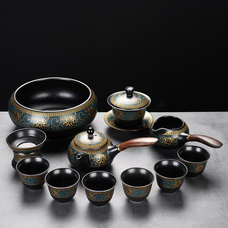 Set automat de ceai cu ceainic și cești Kung Fu – ceramică neagră mata, pentru birou