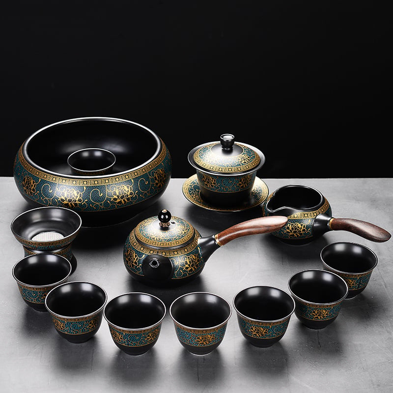 Set automat de ceai cu ceainic și cești Kung Fu – ceramică neagră mata, pentru birou