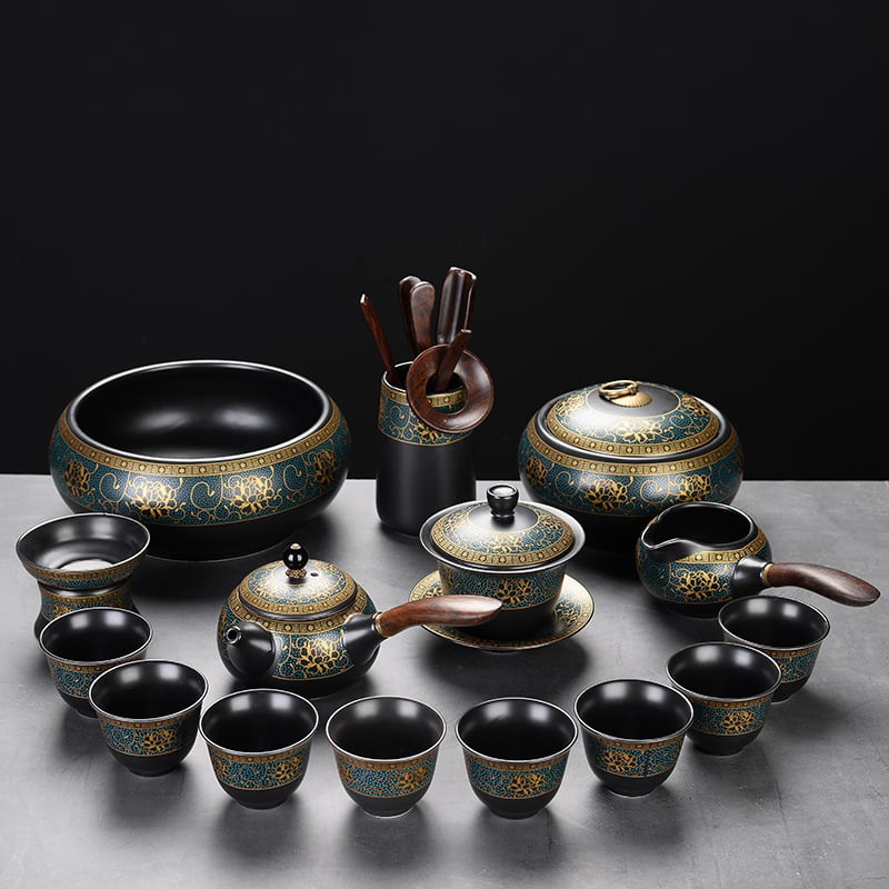 Set automat de ceai cu ceainic și cești Kung Fu – ceramică neagră mata, pentru birou