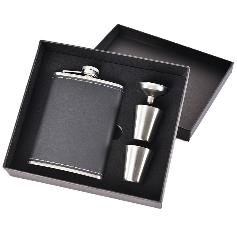 Set din oțel inoxidabil pentru vin, sticlă portabilă de 8 oz, stil retro, negru/argintiu/maro, sticluță mică