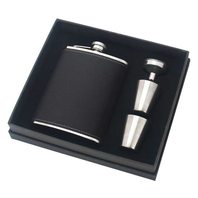 Set din oțel inoxidabil pentru vin, sticlă portabilă de 8 oz, stil retro, negru/argintiu/maro, sticluță mică