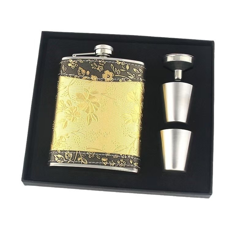 Set din oțel inoxidabil pentru vin, sticlă portabilă de 8 oz, stil retro, negru/argintiu/maro, sticluță mică