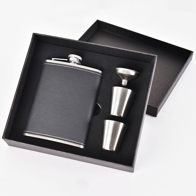 Set din oțel inoxidabil pentru vin, sticlă portabilă de 8 oz, stil retro, negru/argintiu/maro, sticluță mică
