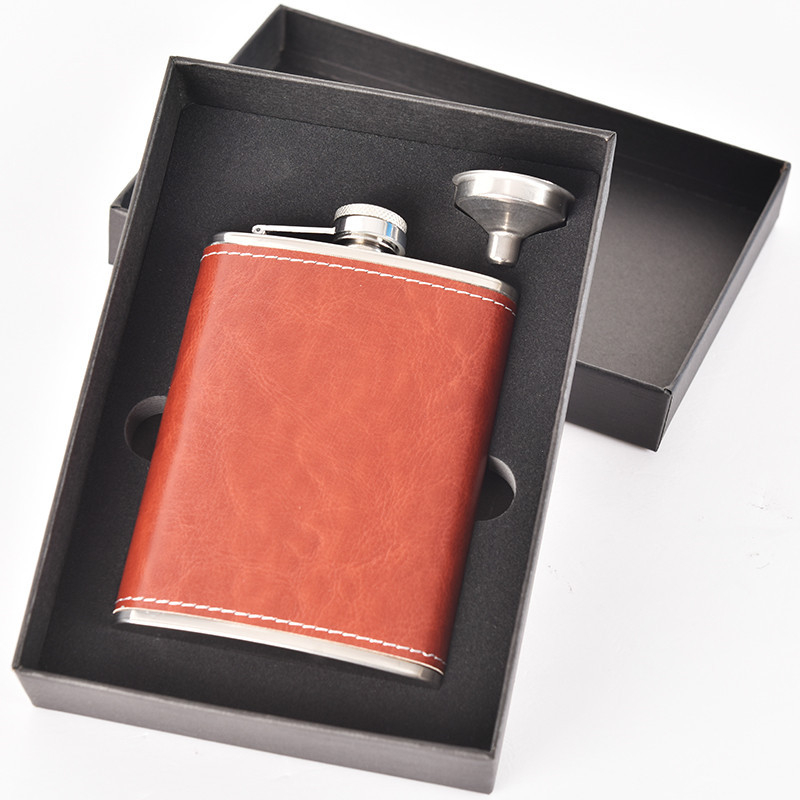 Set din oțel inoxidabil pentru vin, sticlă portabilă de 8 oz, stil retro, negru/argintiu/maro, sticluță mică