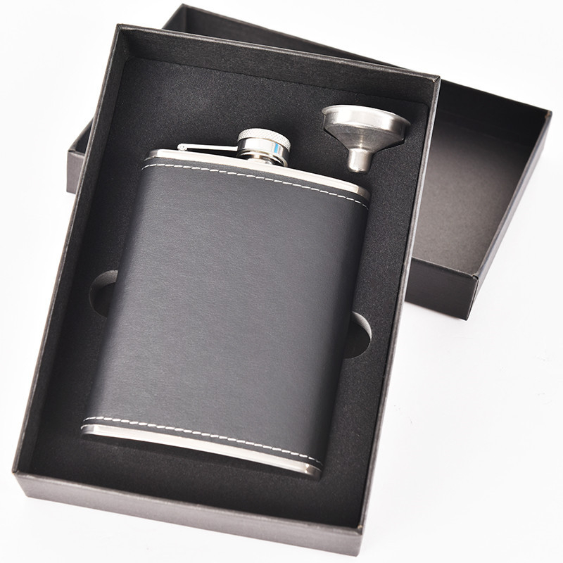 Set din oțel inoxidabil pentru vin, sticlă portabilă de 8 oz, stil retro, negru/argintiu/maro, sticluță mică