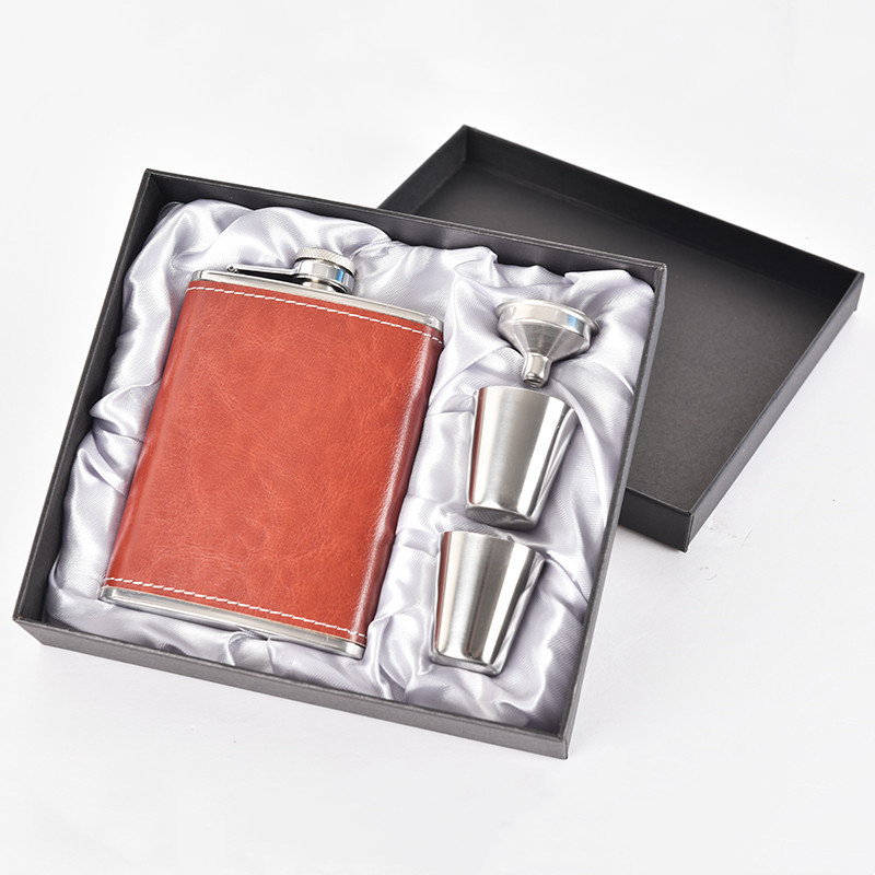 Set din oțel inoxidabil pentru vin, sticlă portabilă de 8 oz, stil retro, negru/argintiu/maro, sticluță mică