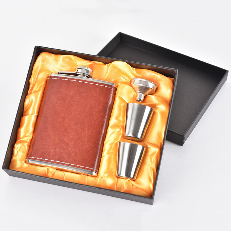 Set din oțel inoxidabil pentru vin, sticlă portabilă de 8 oz, stil retro, negru/argintiu/maro, sticluță mică