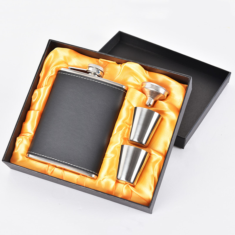 Set din oțel inoxidabil pentru vin, sticlă portabilă de 8 oz, stil retro, negru/argintiu/maro, sticluță mică