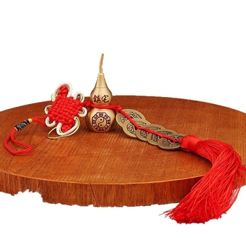 Pandantiv din alamă cu nod chinezesc și monedele celor Cinci Împărați, îngroșat și greu, decor Feng Shui în formă de roată